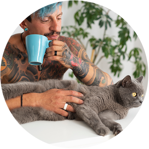 Customer profile image: Jason Briar (male) with his cat (grey adult)