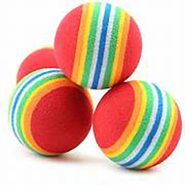 Soft red foam balls with a rainbow band around the center - no catnip